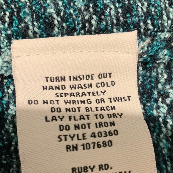 Ruby Rd. petite Sweater PL Cardigan Teal Navy Patterned Open Front Fringe Hem - Picture 4 of 7